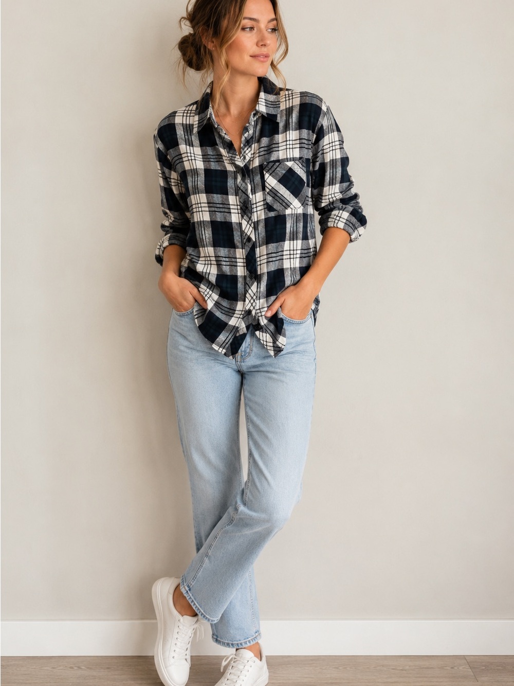 Rails Hunter Plaid Button Front Shirt XS White Navy Green Rayon